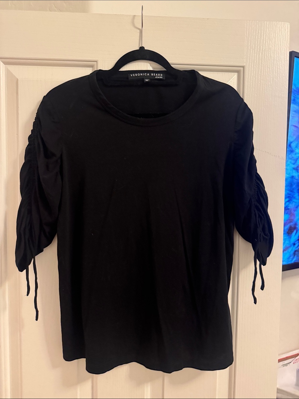 Veronica Beard Black Short-Sleeve Top with Ruched Drawstrings